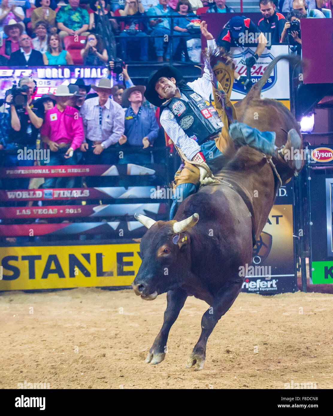 Cowboy Participating in the PBR bull riding world finals. The bull