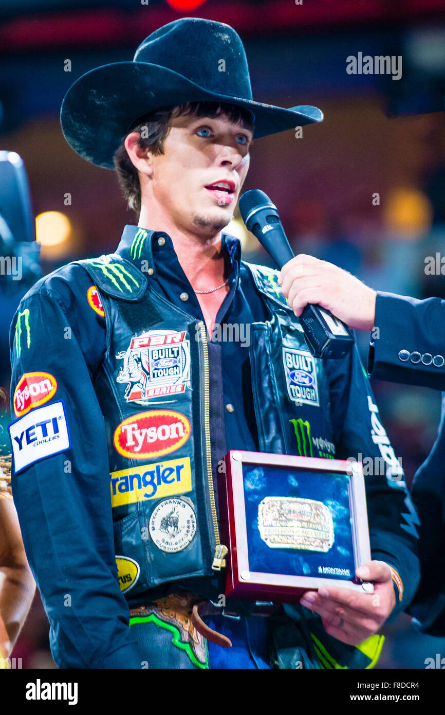 J.B. Mauney on stage after winning the PBR bull riding world finals in