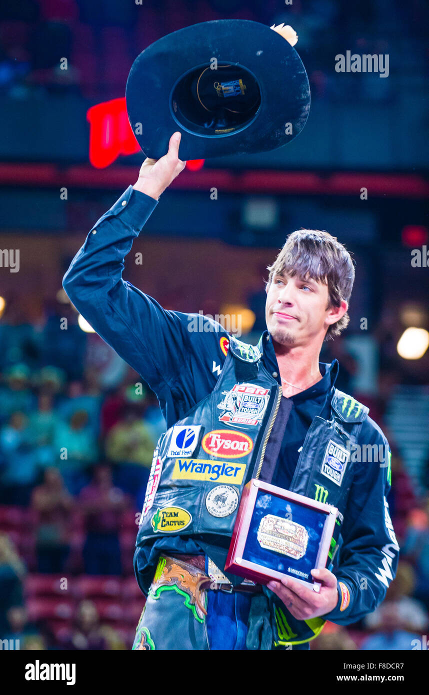 J.B. Mauney on stage after winning the PBR bull riding world finals in