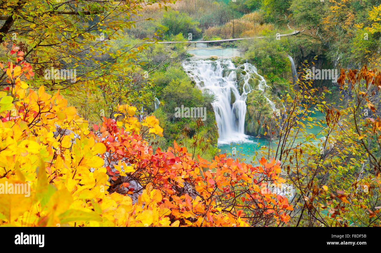 Waterfall in Plitvice Lakes National Park, autumn landscape, Croatia, UNESCO Stock Photo