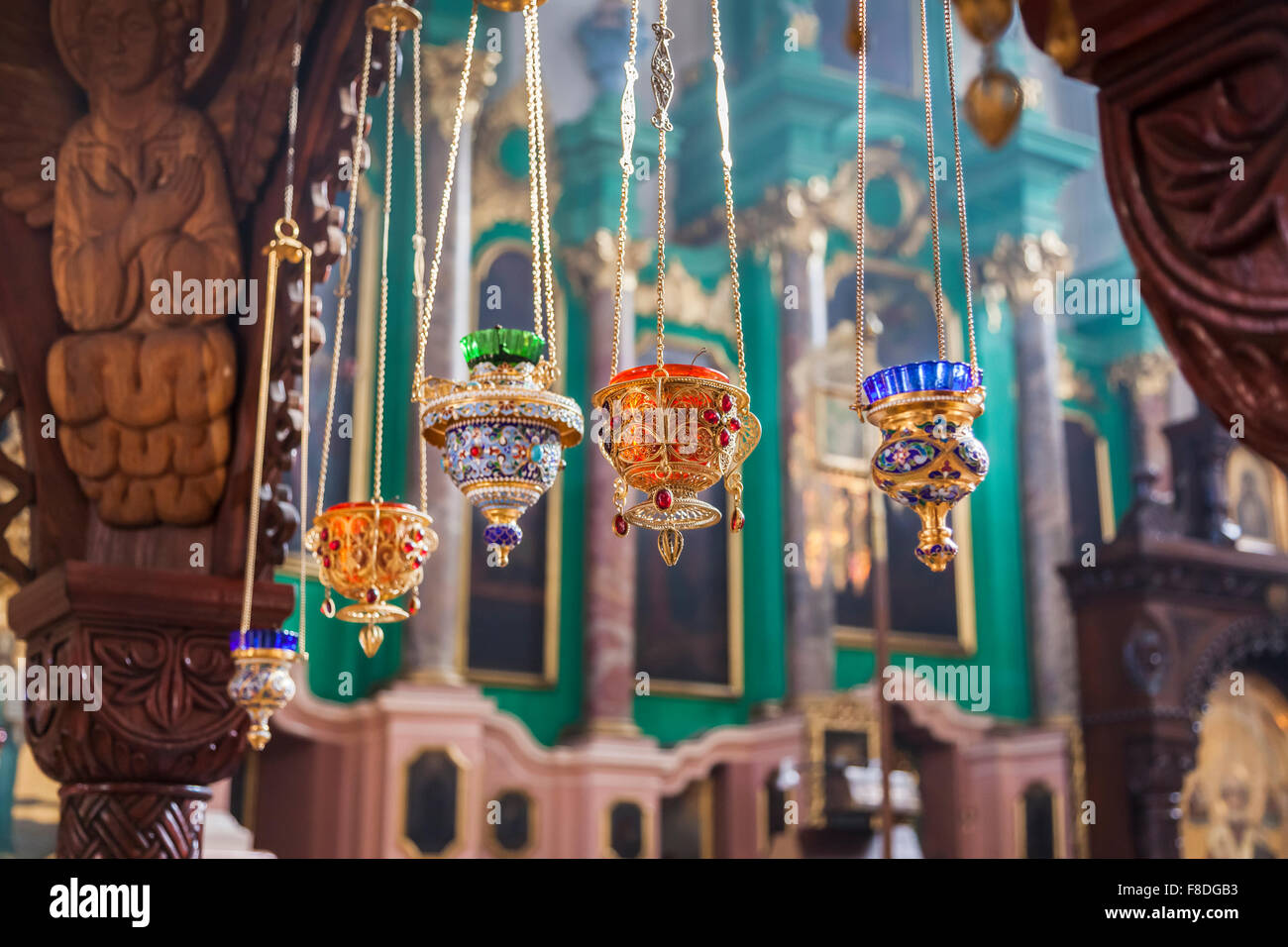 Brightly coloured incense burners in the Russian Orthodox Church of the