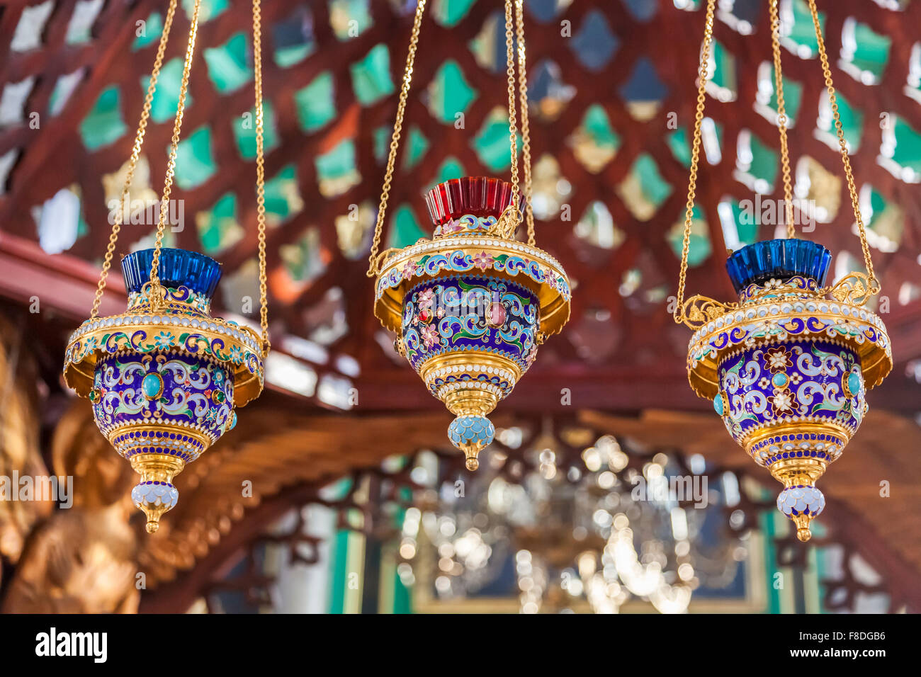 Brightly coloured incense burners in the Russian Orthodox Church of the