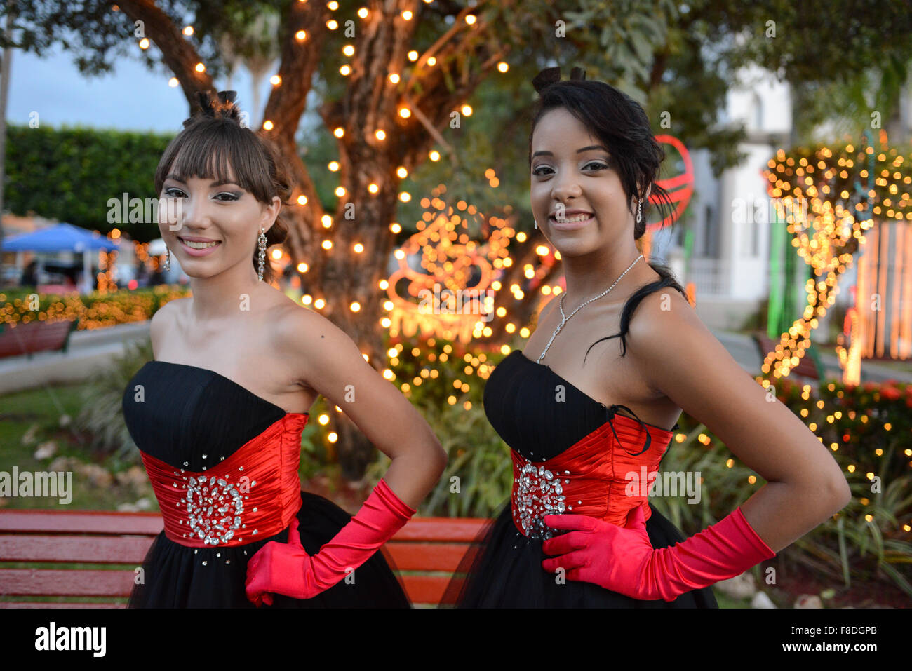 Puertorican (hispanic) teenagers participating at a quinceanera. Juana Diaz, Puerto Rico. Caribbean Island. USA territory. Stock Photo
