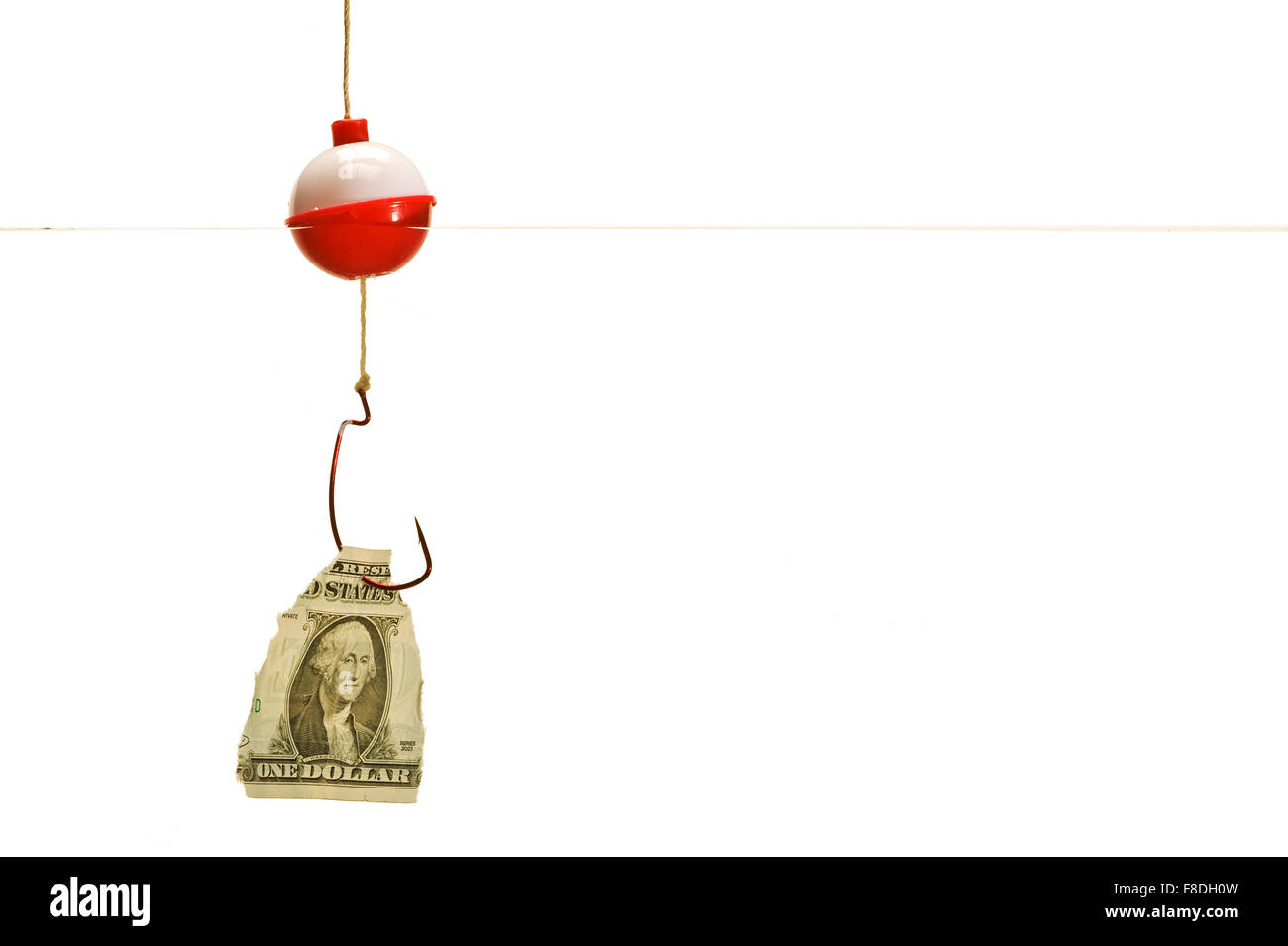 A fishing line with a red and white bobber and a red hook that holds piece  of a one hundred dollar bill under water Stock Photo - Alamy