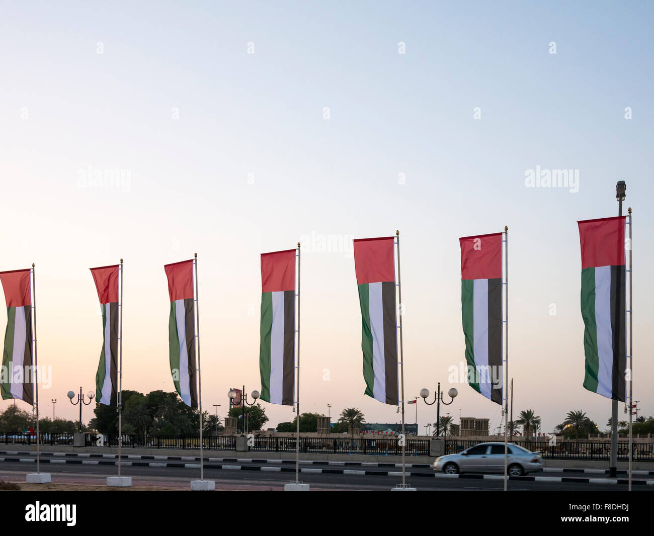 Flag of United Arab Emirates along the street in Dubai. Stock Photo