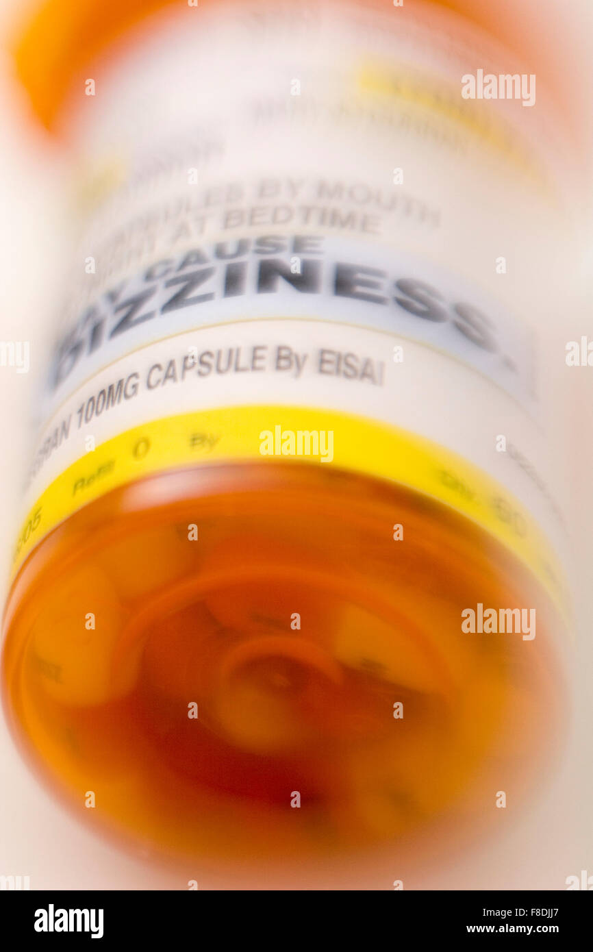 "May Cause Dizziness," warning label on prescription bottle Stock Photo