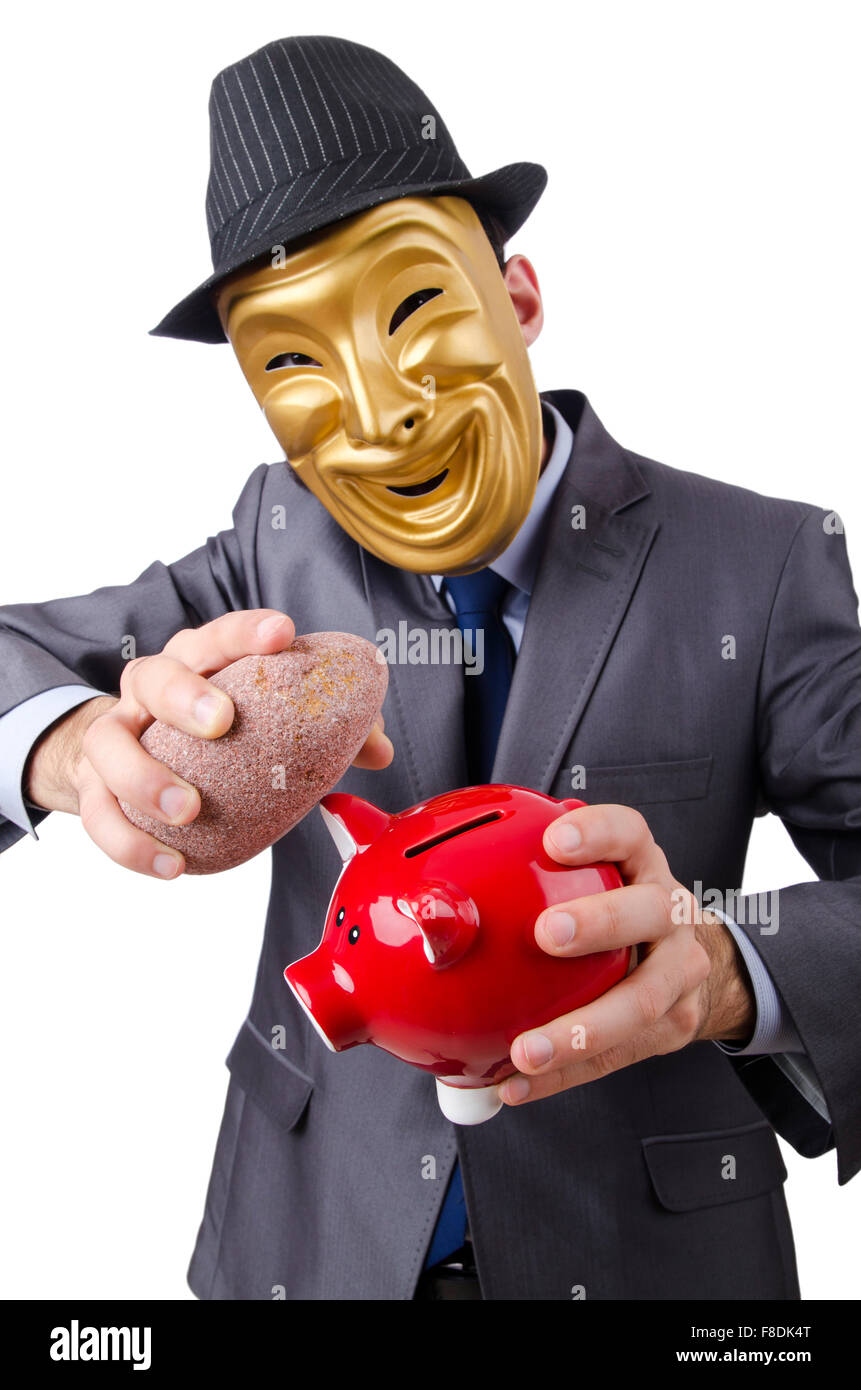 Man with piggybank on white Stock Photo - Alamy