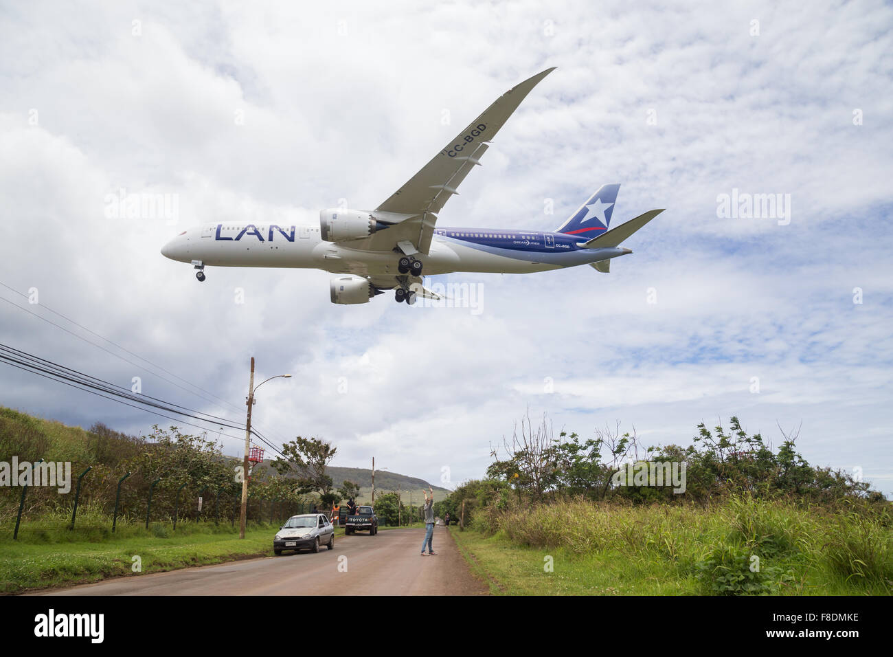 Easter Island, Chile - December 07, 2015: Photograph of a Boeing 787 Dreamliner landing on Easter Island. Stock Photo
