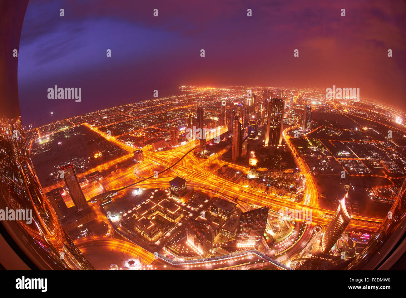 Dubai night skyline. Dubai streets by night. Al Yaqoub tower Dubai