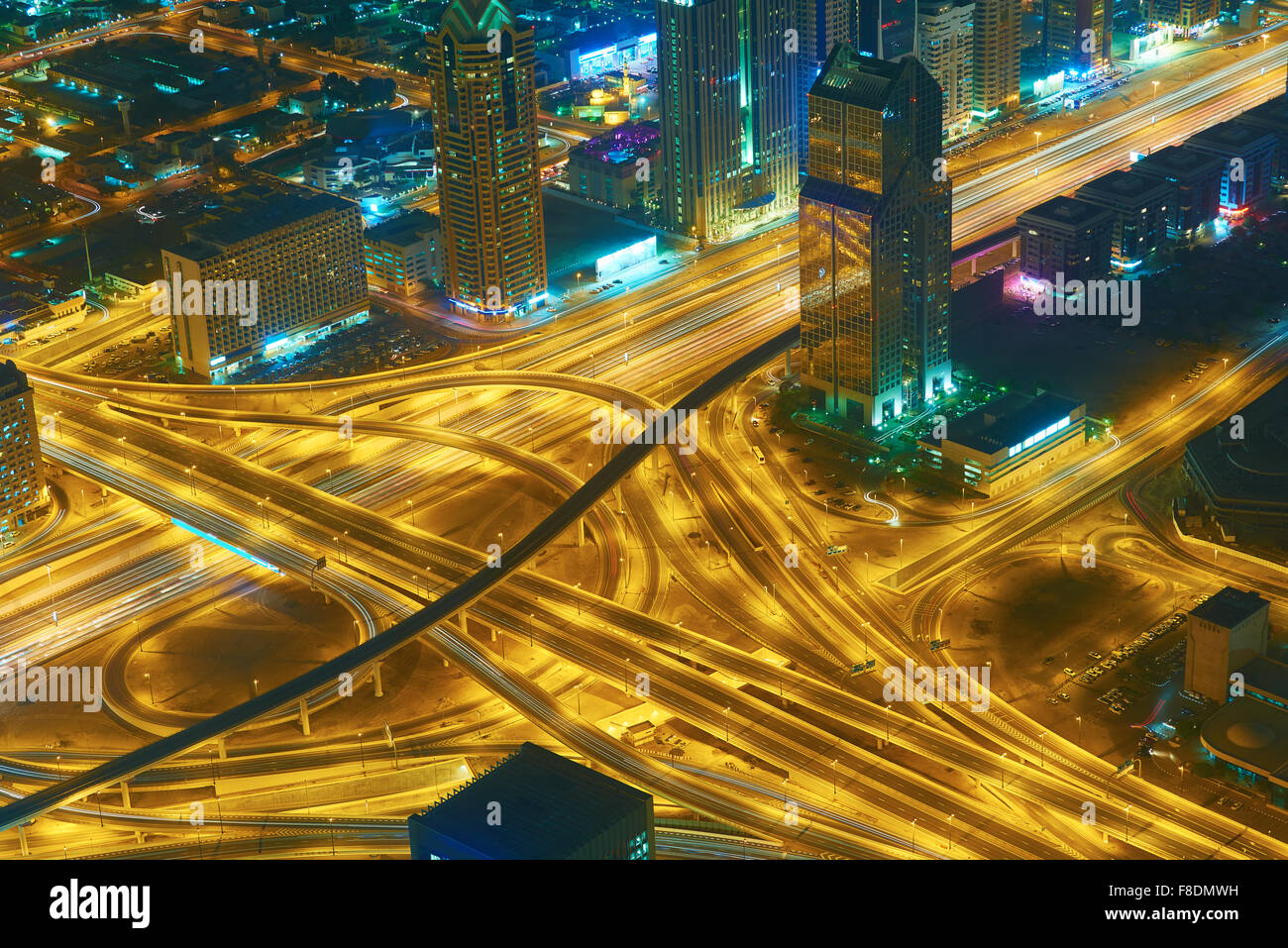 Dubai night skyline. Dubai streets by night. Al Yaqoub tower Dubai