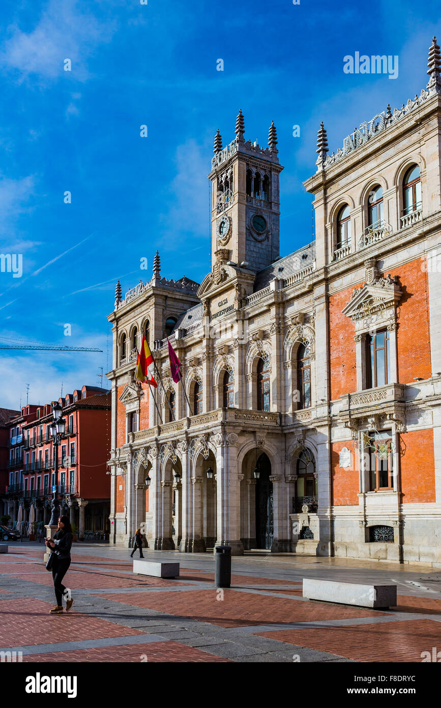 The Plaza Mayor - The Main Square -and the city hall of Valladolid. Castilla y Leon, Spain. Stock Photo
