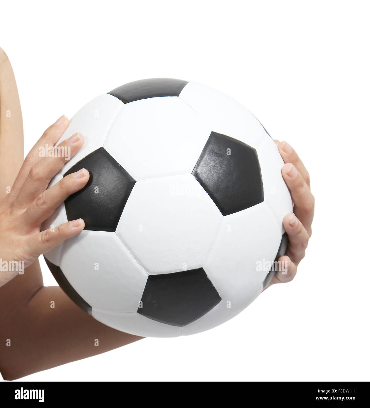 Closeup image of soccerball on hand and white background Stock Photo