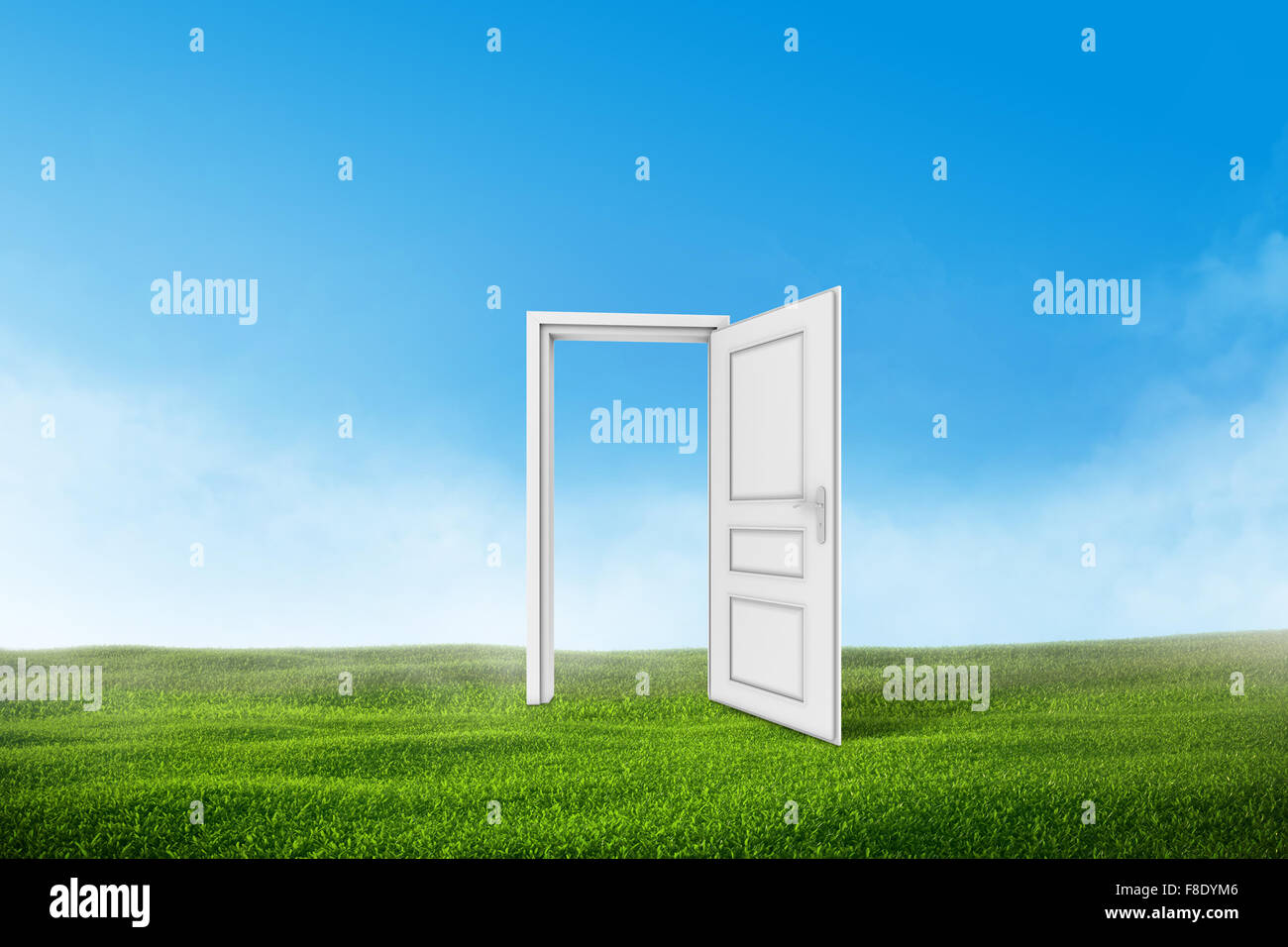 White door on a green grass field with blue sky background Stock Photo