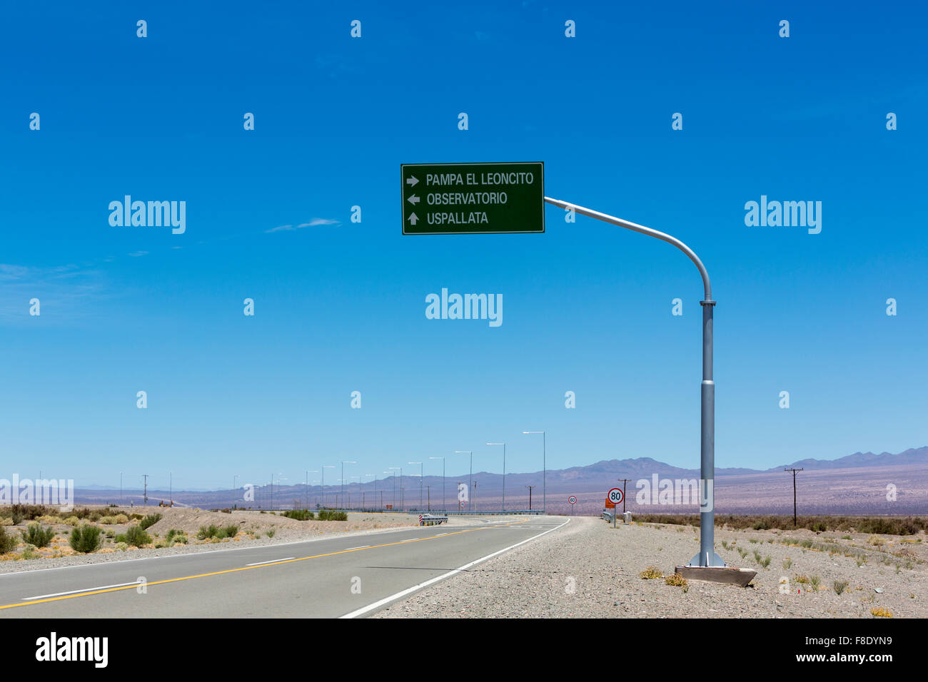 Directional road sign to Pampa El Leoncito on ruta 40, Argentina Stock Photo