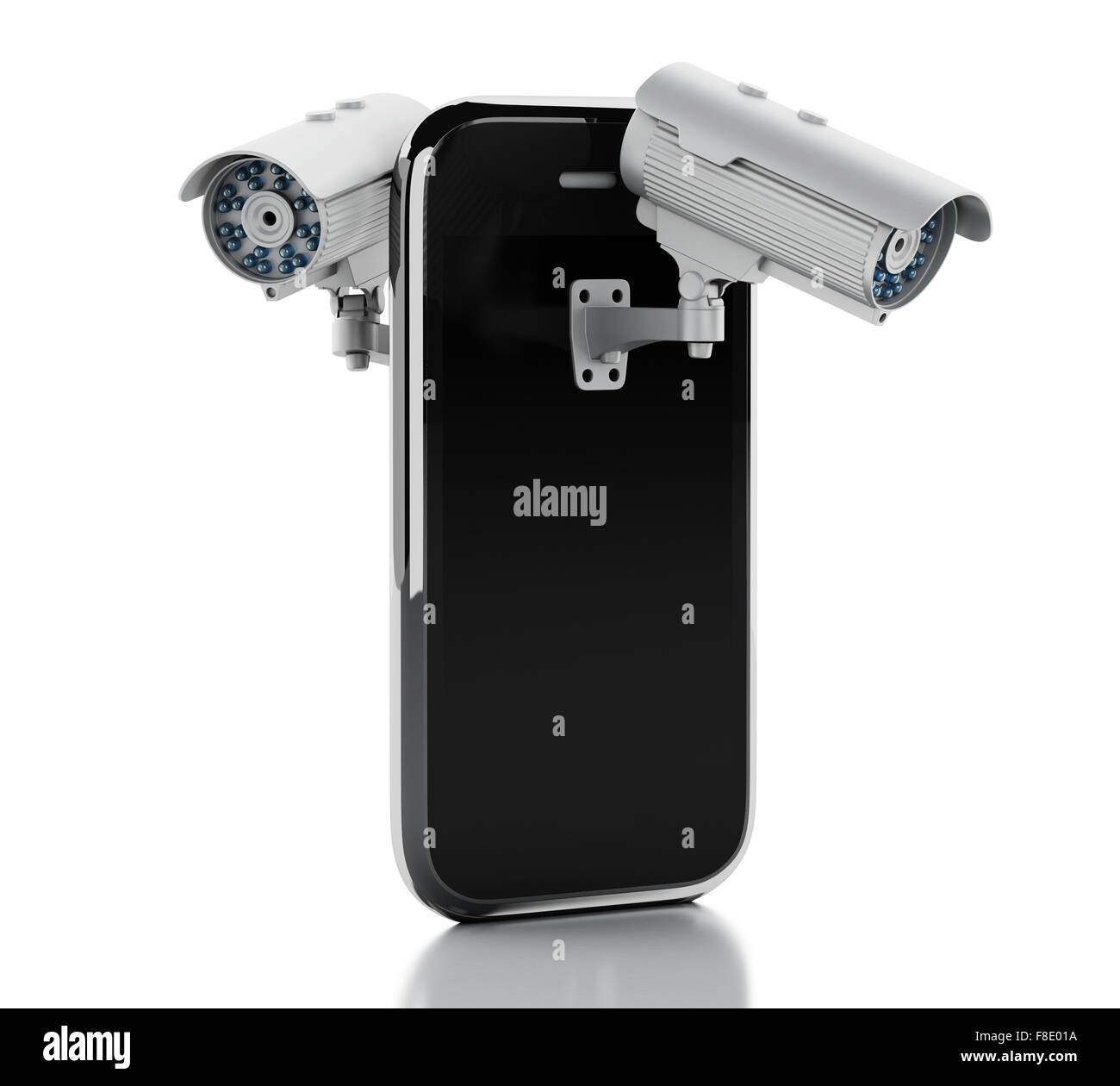 3d render image. Smartphone with CCTV camera. Mobile security concept. Isolated white background Stock Photo