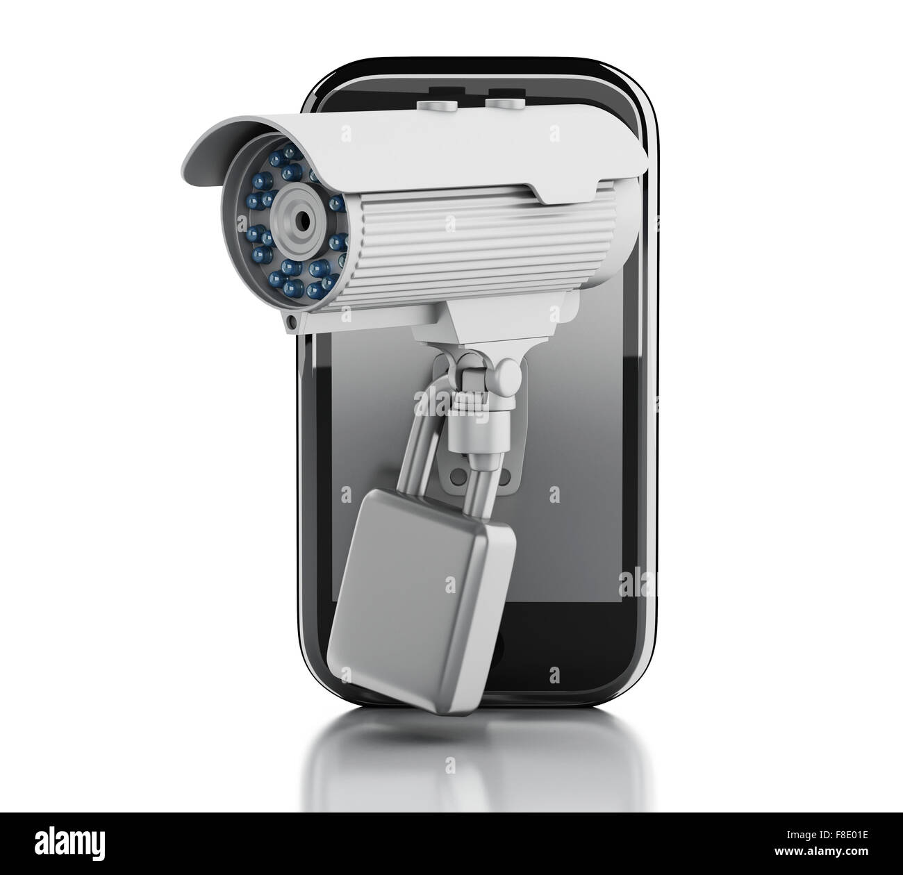 3d render image. Smartphone with CCTV camera and padlock. Mobile security concept. Isolated white background Stock Photo