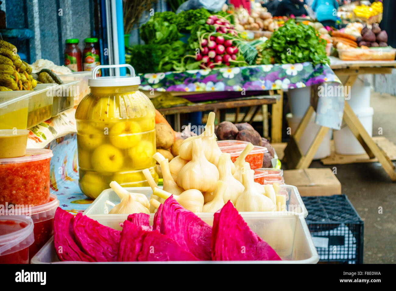 Pickled vegetables for sale at a farmers market in Pyatigorsk, Russia