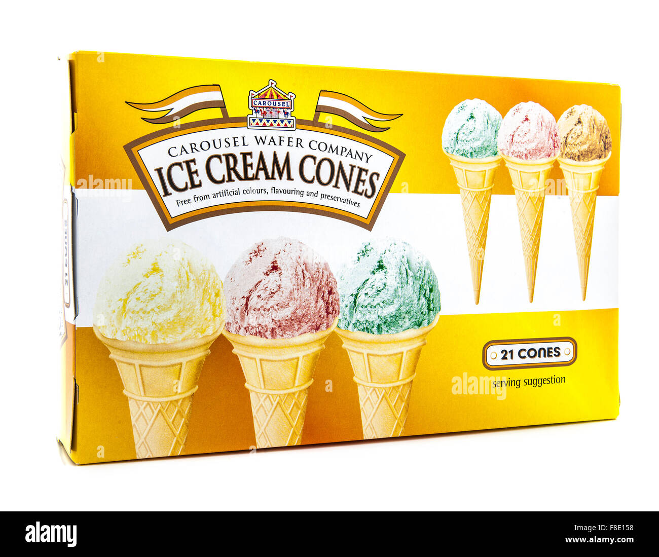 Pack of Carousel Ice Cream Cones on a white background. Stock Photo