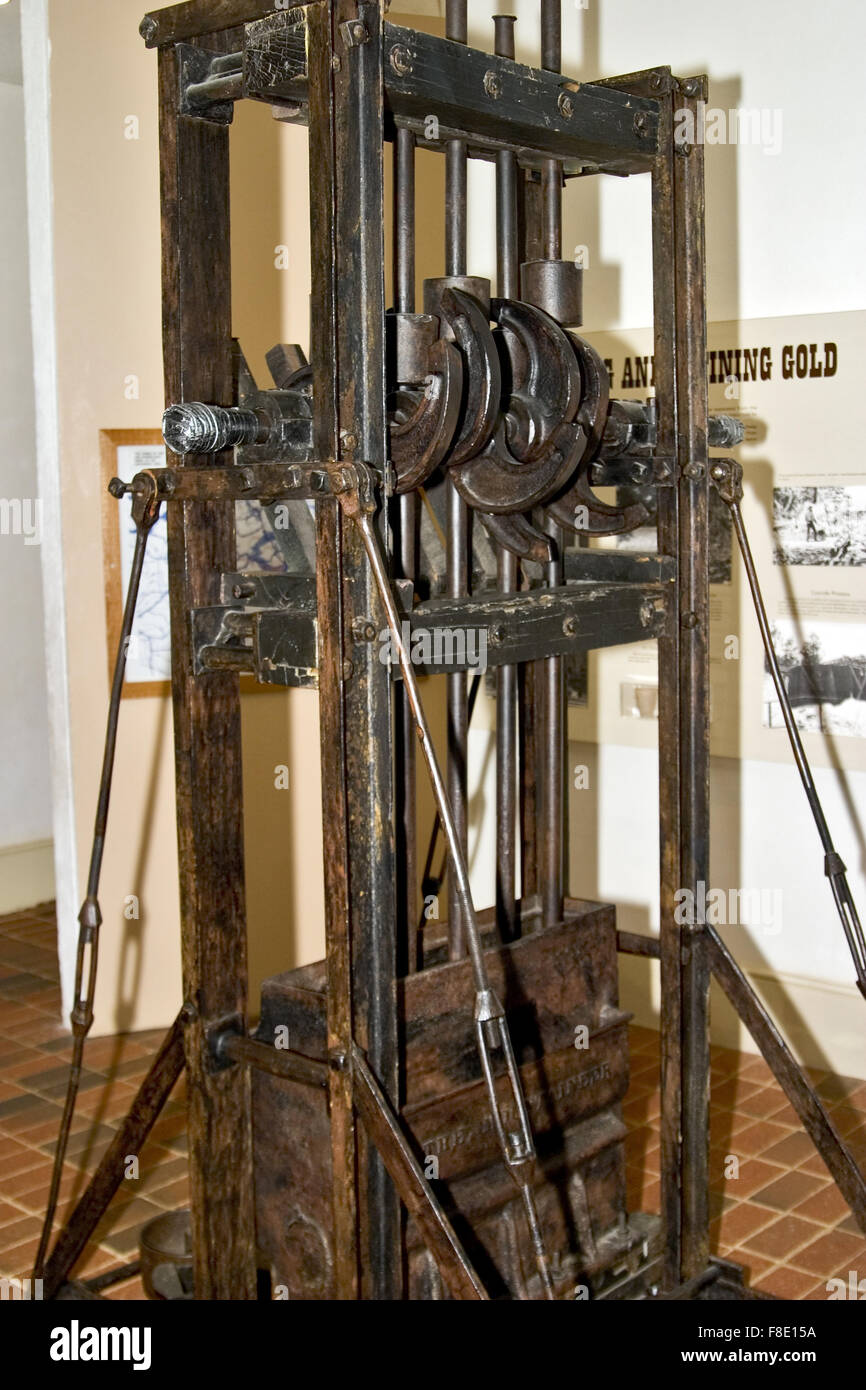 A stamp mill powered by water to crush gold ore in the 1800's located at the Gold Museum in Dahlonega Georgia. Stock Photo