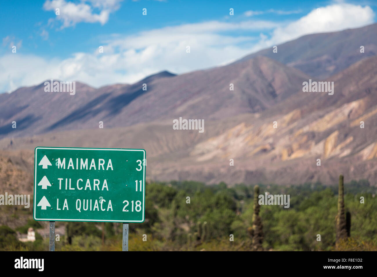 Directional road sign to Tilcara and La Quiaca on ruta 40, Argentina Stock Photo