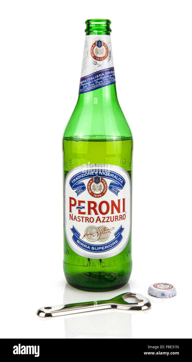 Opened Bottle of Peroni Beer on a White Background Stock Photo