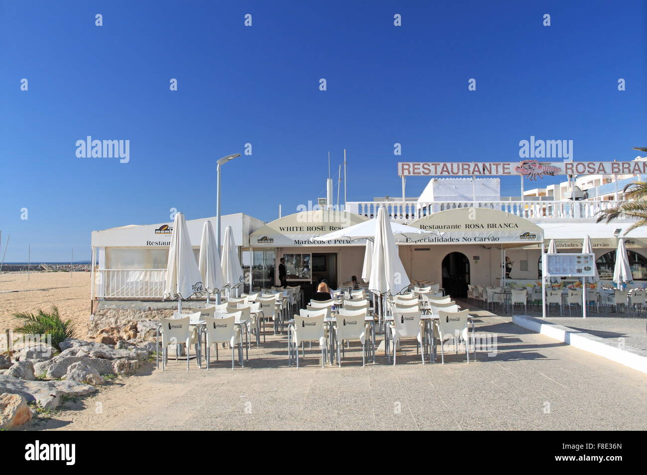 Rosa Branca (White Rose) beachside restaurant, Avenida Infante de Sagres, Quarteira, Algarve, Portugal, Europe Stock Photo