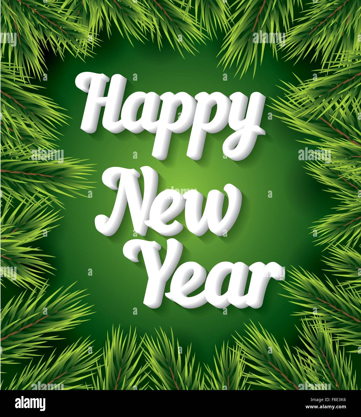 Happy New Year card with white text on green background and pine branch