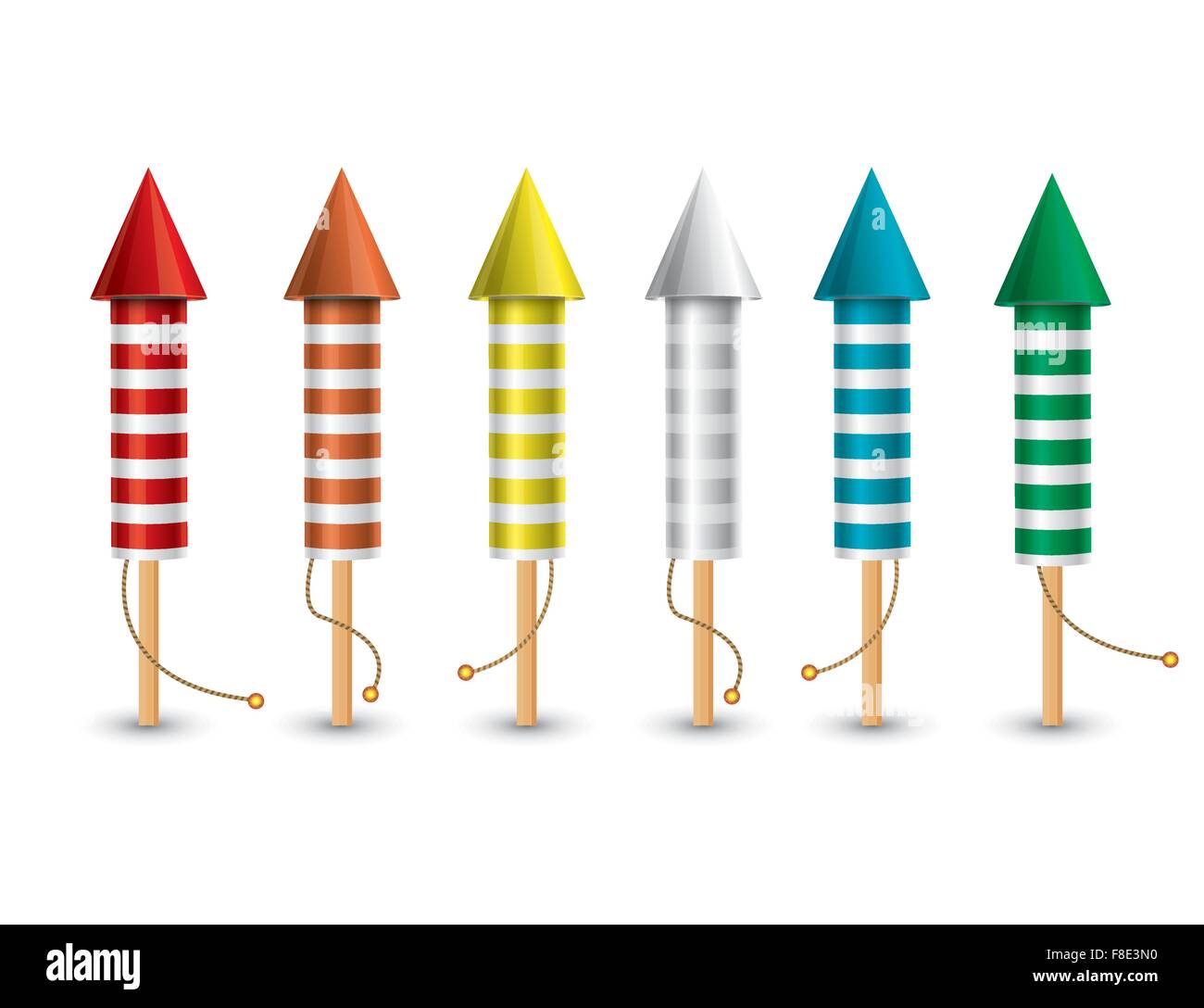 Set of isolated pyrotechnic rockets on white background. Vector illustration. Collection from 6 different color rockets. Stock Vector