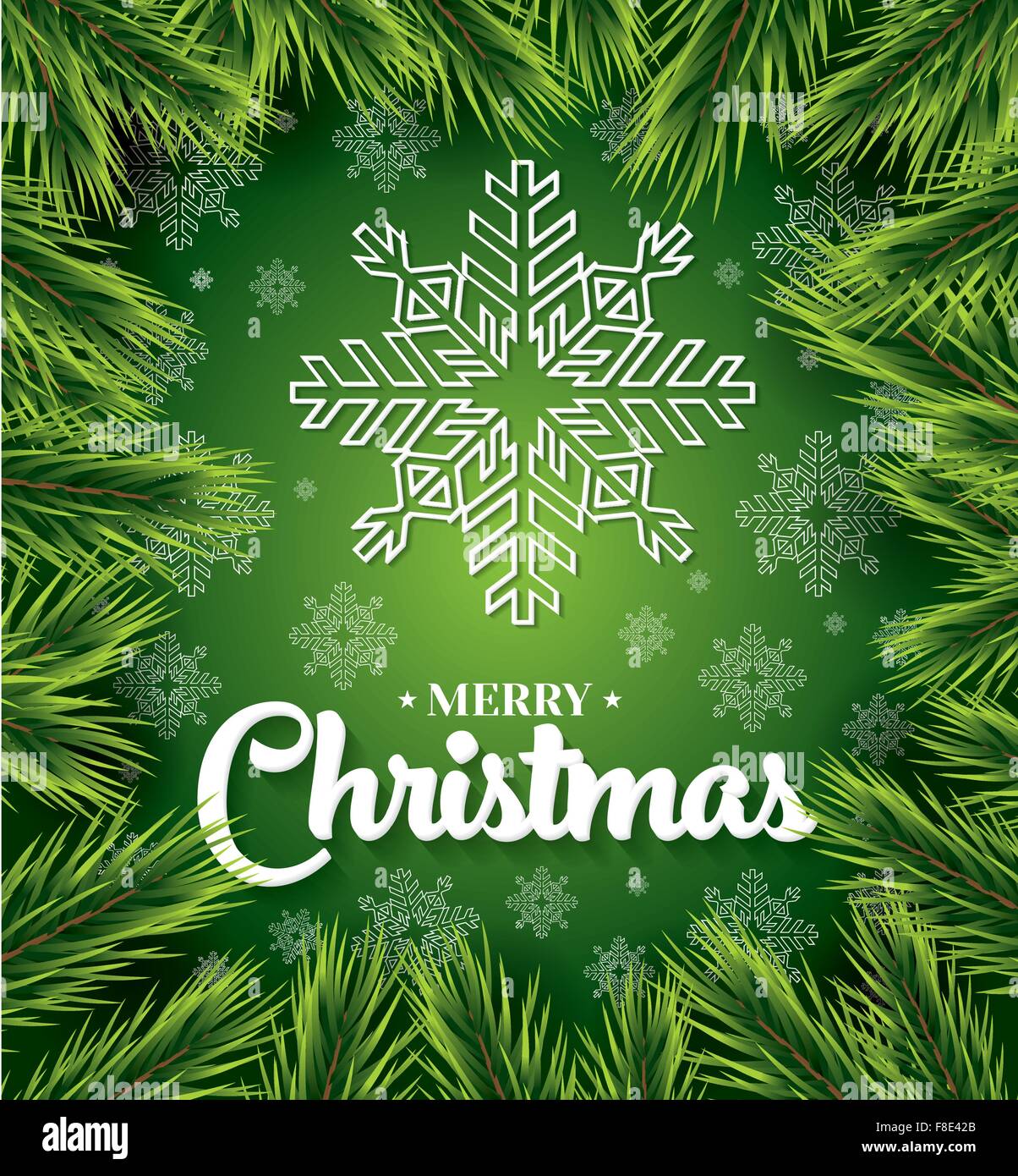 Christmas card with white snowflakes on green background and pine ...