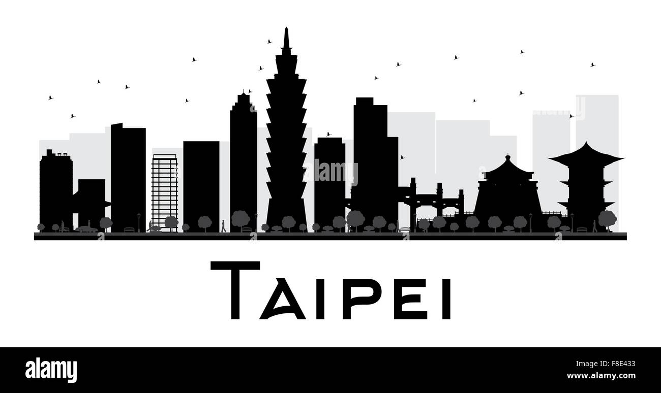 Taipei City skyline black and white silhouette. Vector illustration. Simple flat concept for tourism presentation, banner, Stock Vector
