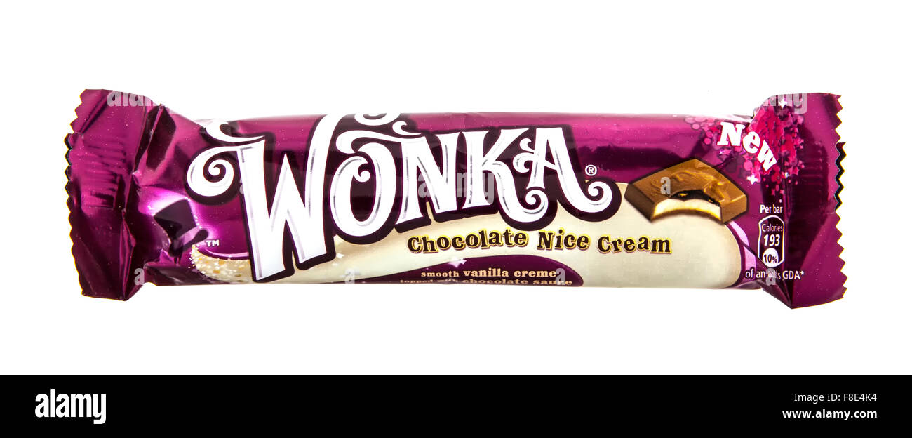 Wonka Chocolate Nice Cream flavoured chocolate bar on white background Stock Photo