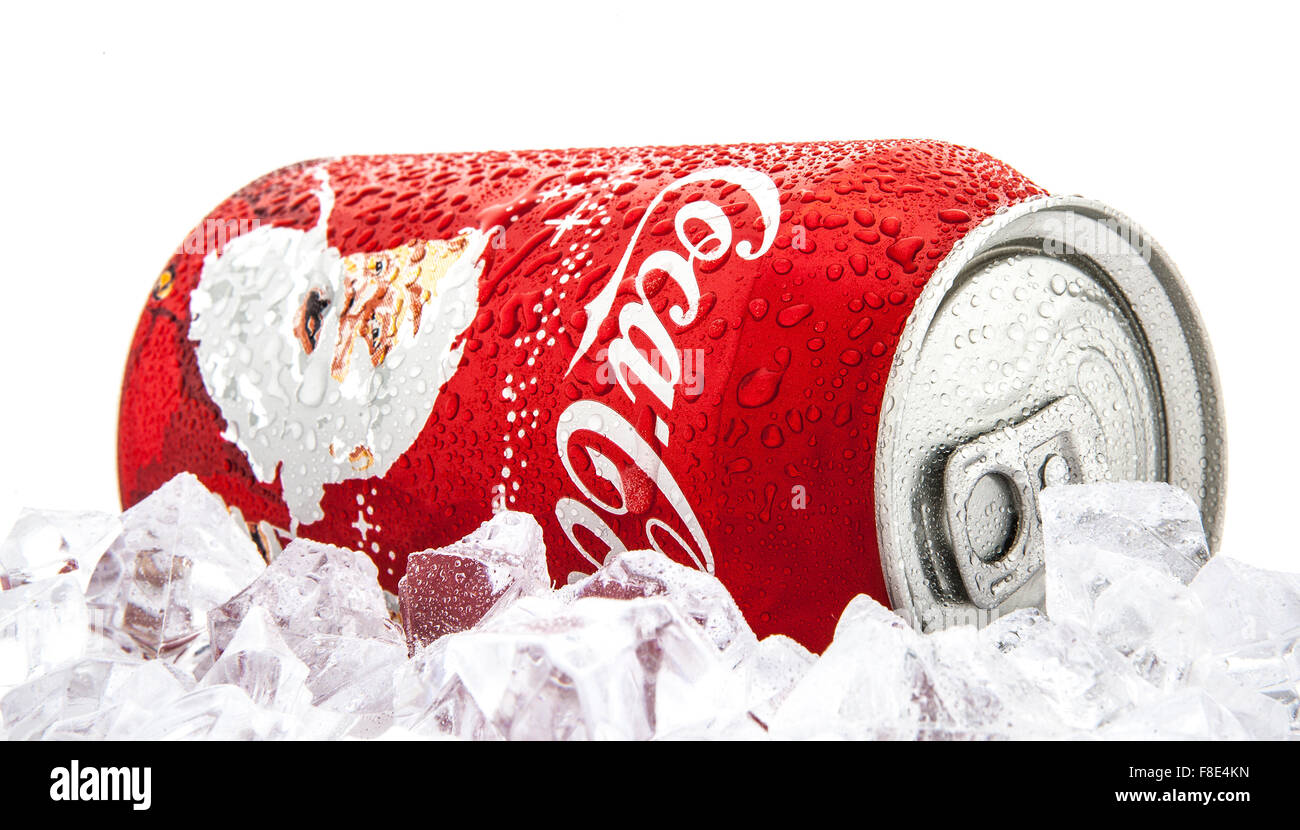 Christmas Can Of Coke on a bed of ice over white background Stock Photo