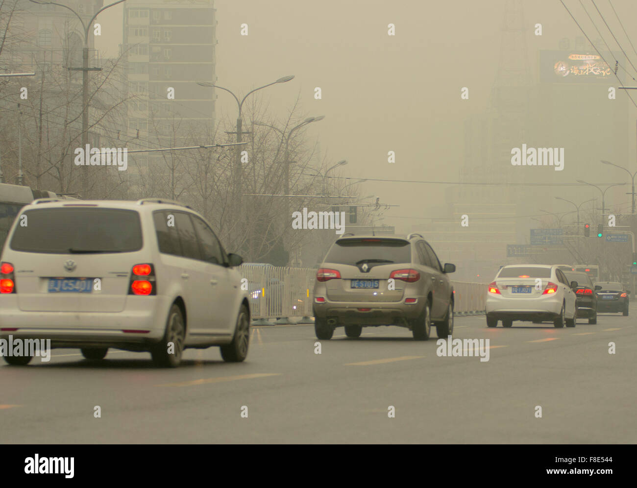 Traffic jam on the Jianguomen artery road despite car use limited to odd/even numbers on alternating days as pollution levels soared to more than 20 times the safety levels resulting in a red alert for all of Beijing. © Olli Geibel Stock Photo