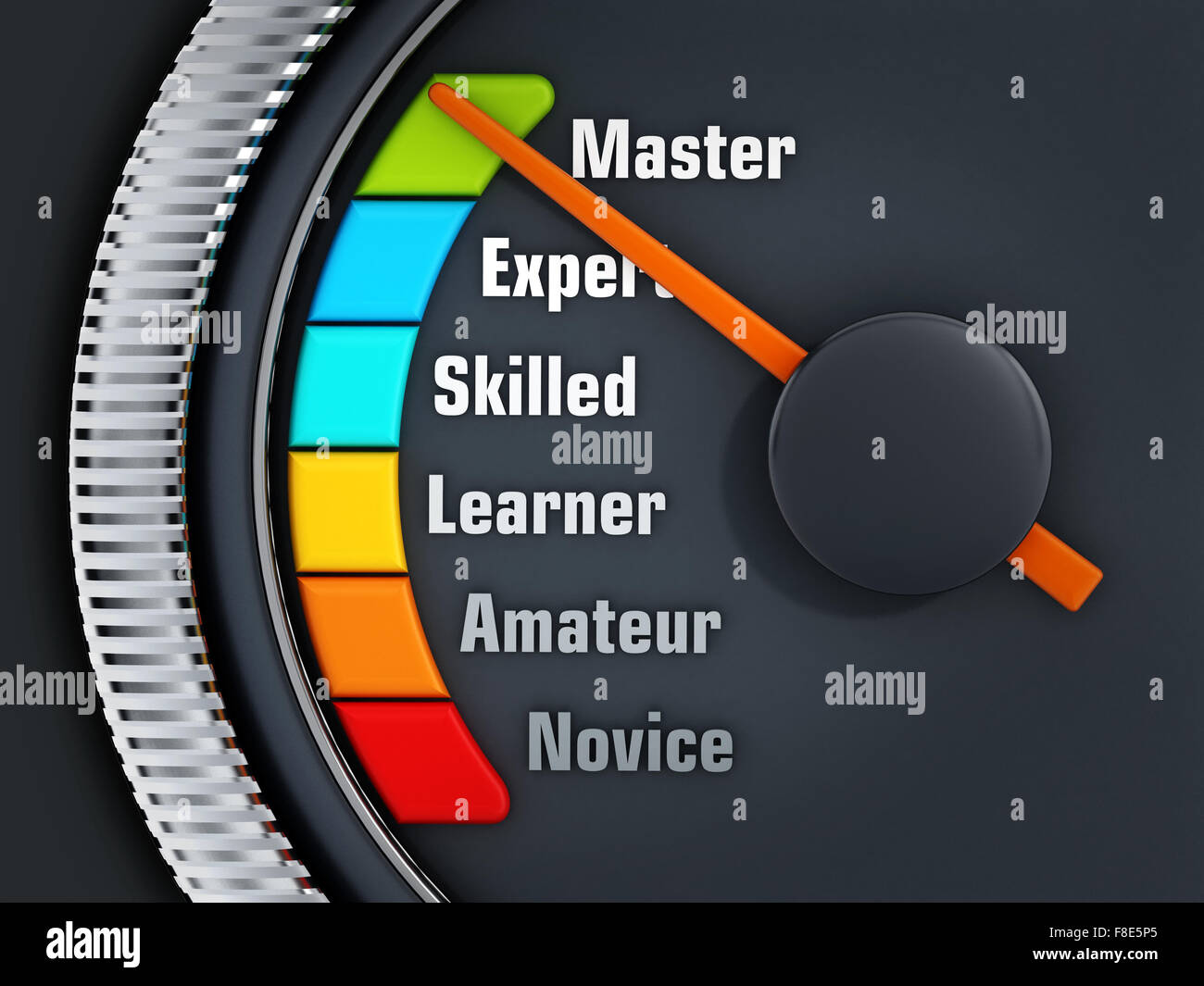 Orange needle on Master level on experience levels speedmeter Stock Photo