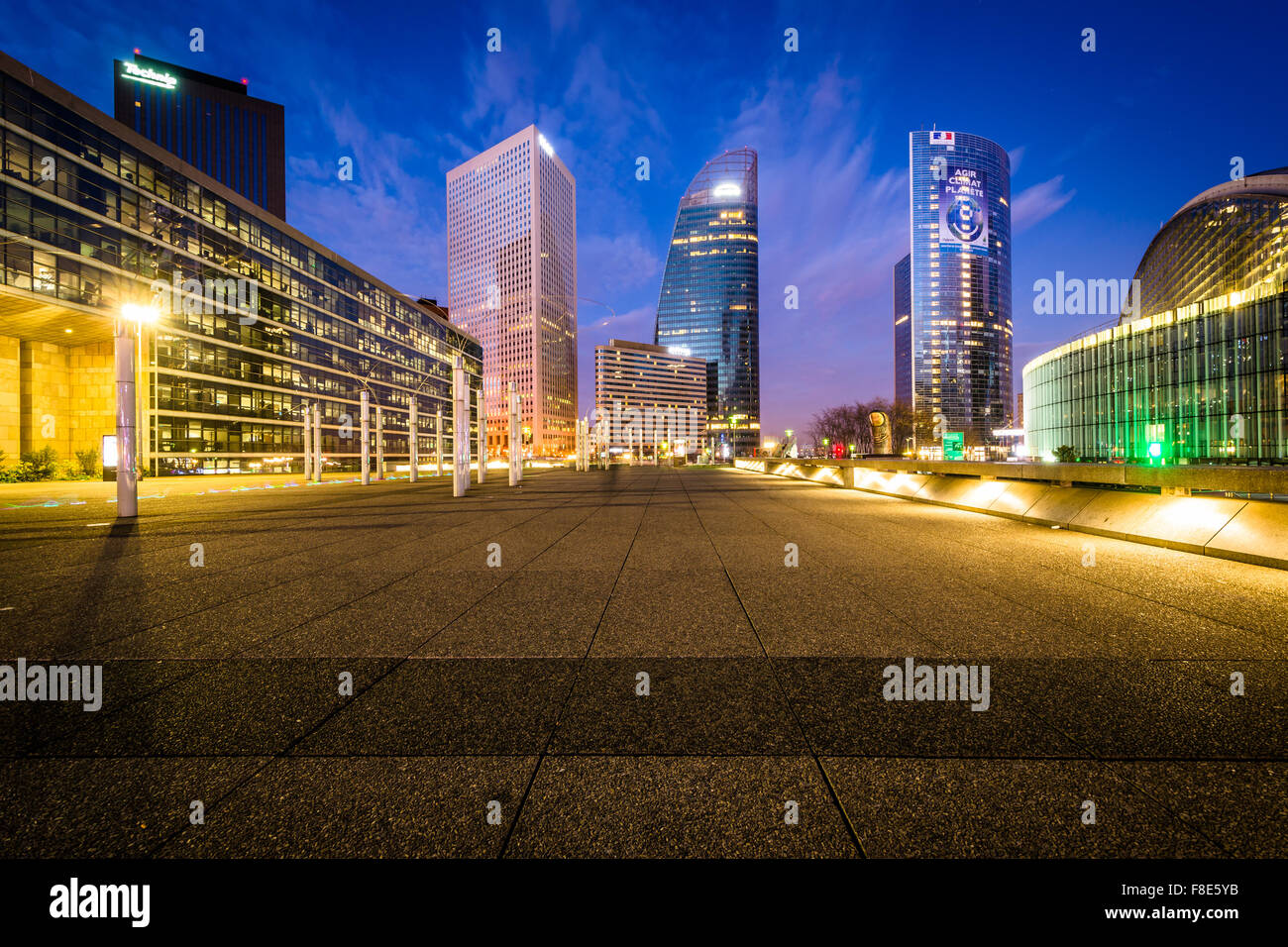 Modern skyscrapers at La Défense at night, in Paris, France. Stock Photo