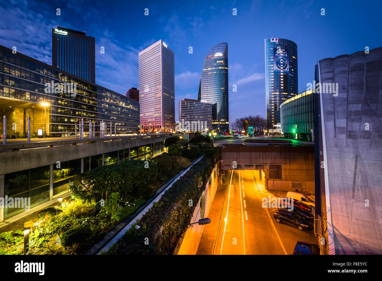 Modern skyscrapers at La Défense at night, in Paris, France. Stock Photo