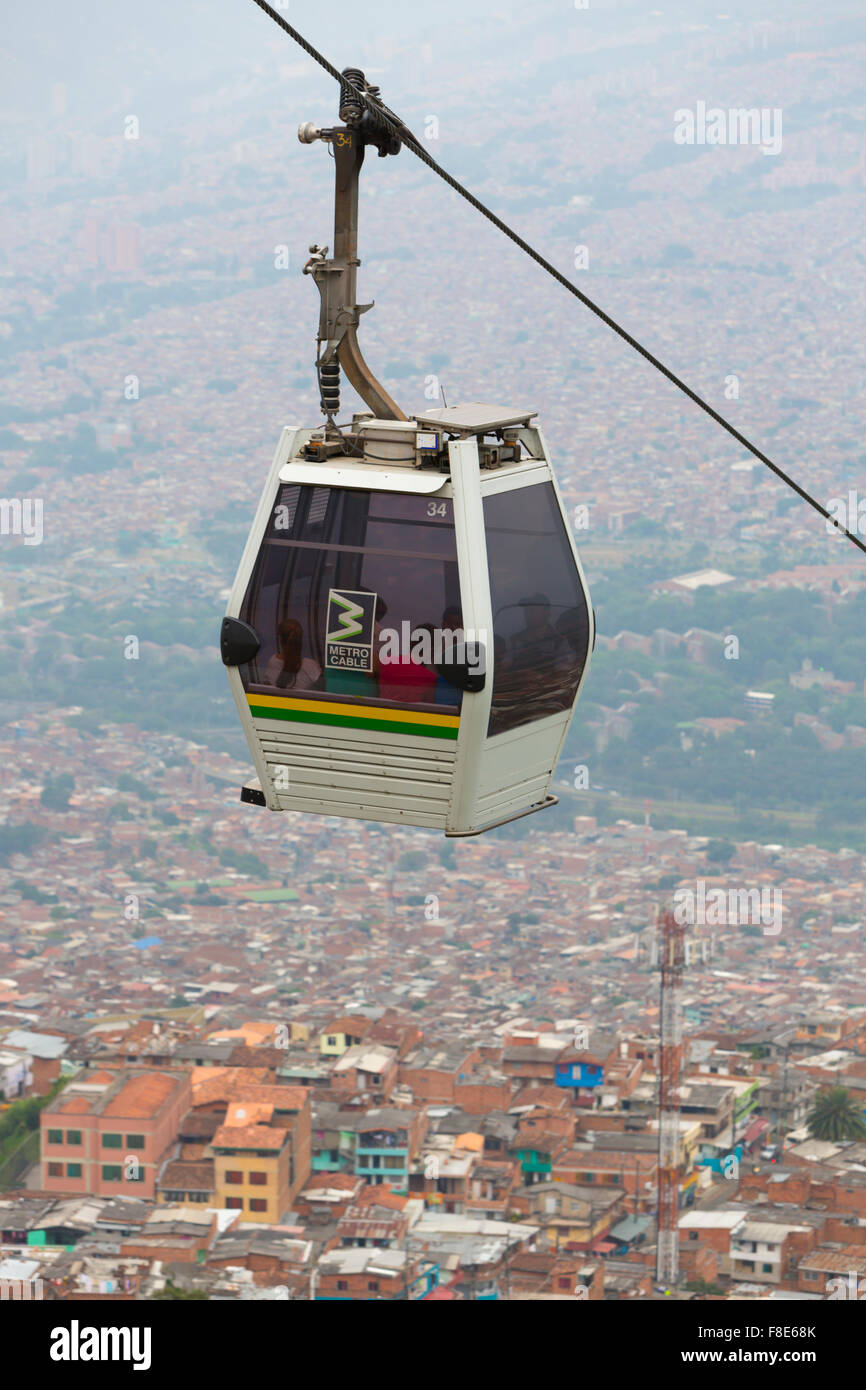 Metro cable and cityscape of Medellin in Colombia Stock Photo
