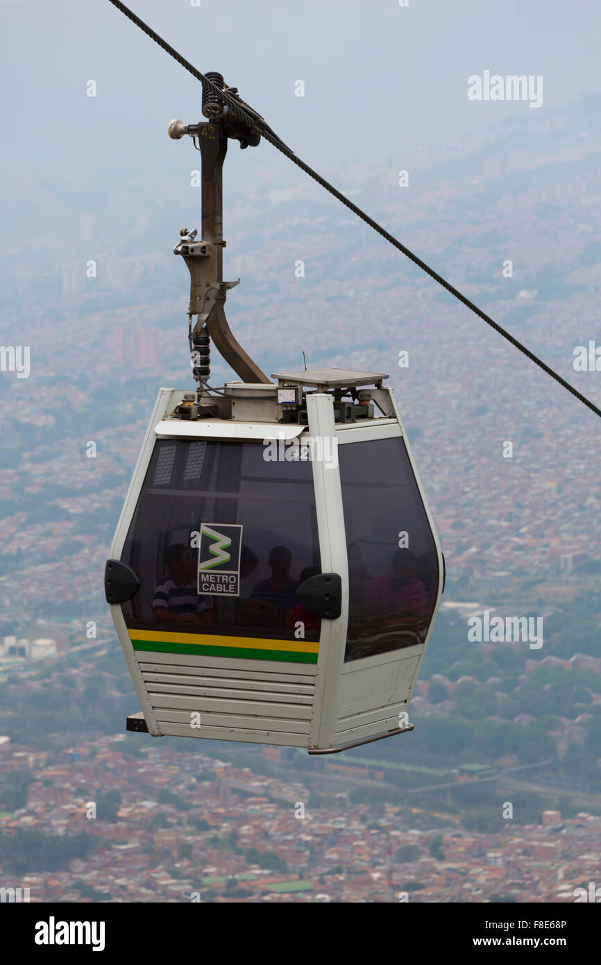 Metro cable and cityscape of Medellin in Colombia Stock Photo