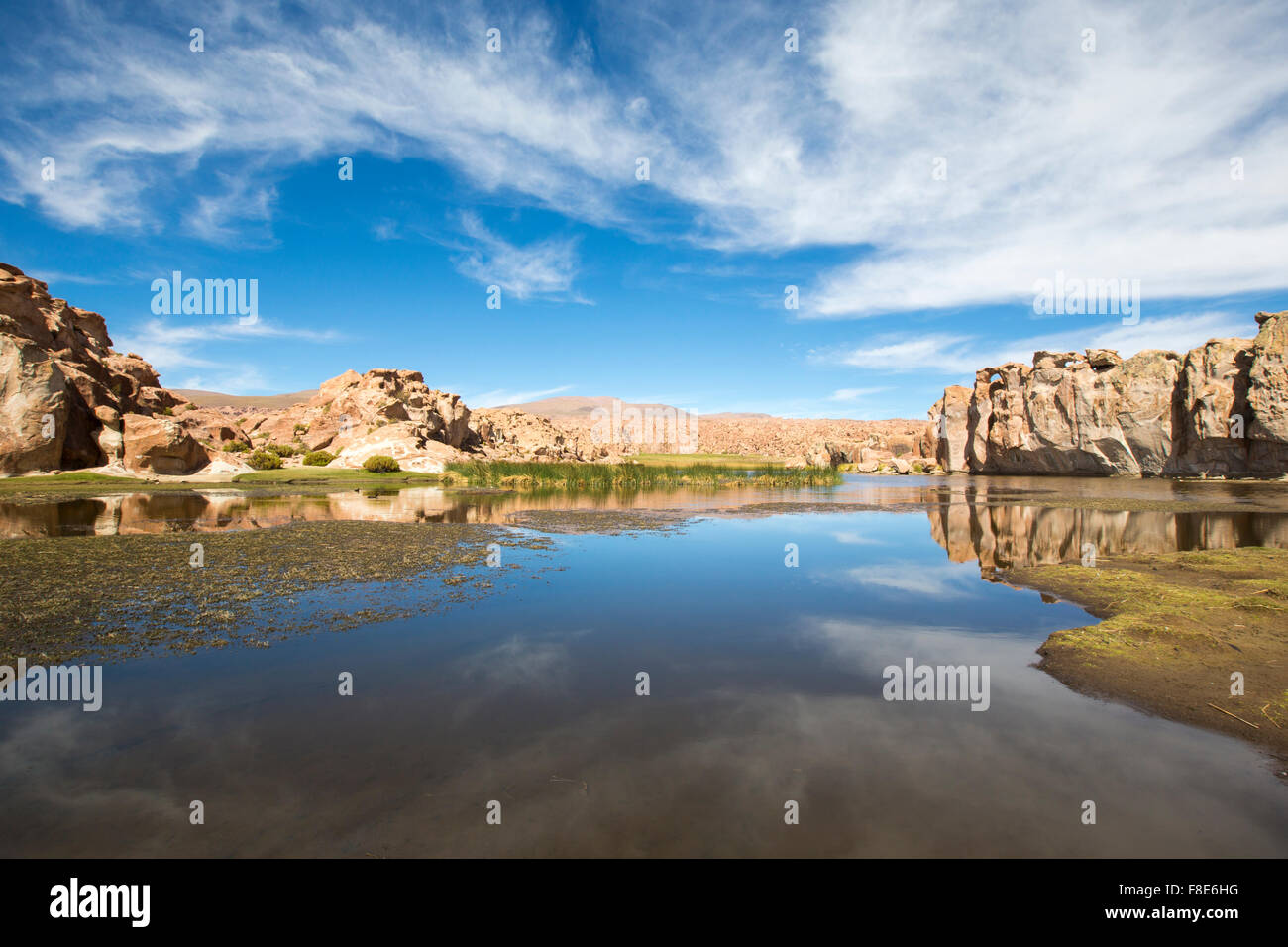 Green grass and strange geological formations against a cloudy blue clear sky in Bolivia. Landmark close to the border of Chile Stock Photo