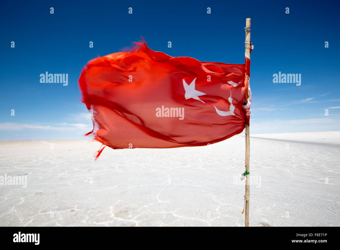 Turkish flag waving in the Salar of Uyuni against a blue sky. Bolivia Stock Photo
