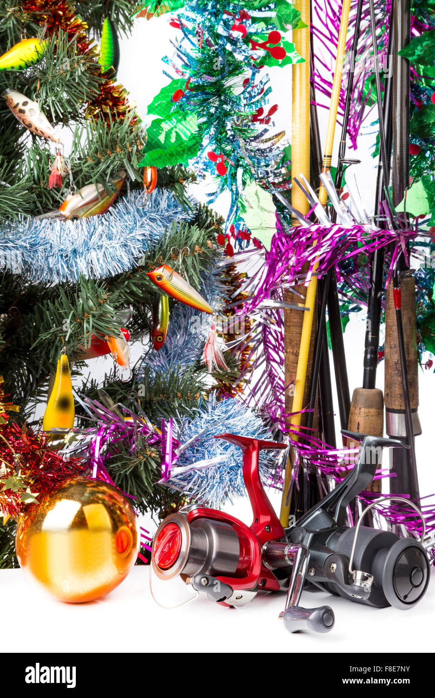 christmas and new year fir tree with fishers tackles Stock Photo Alamy