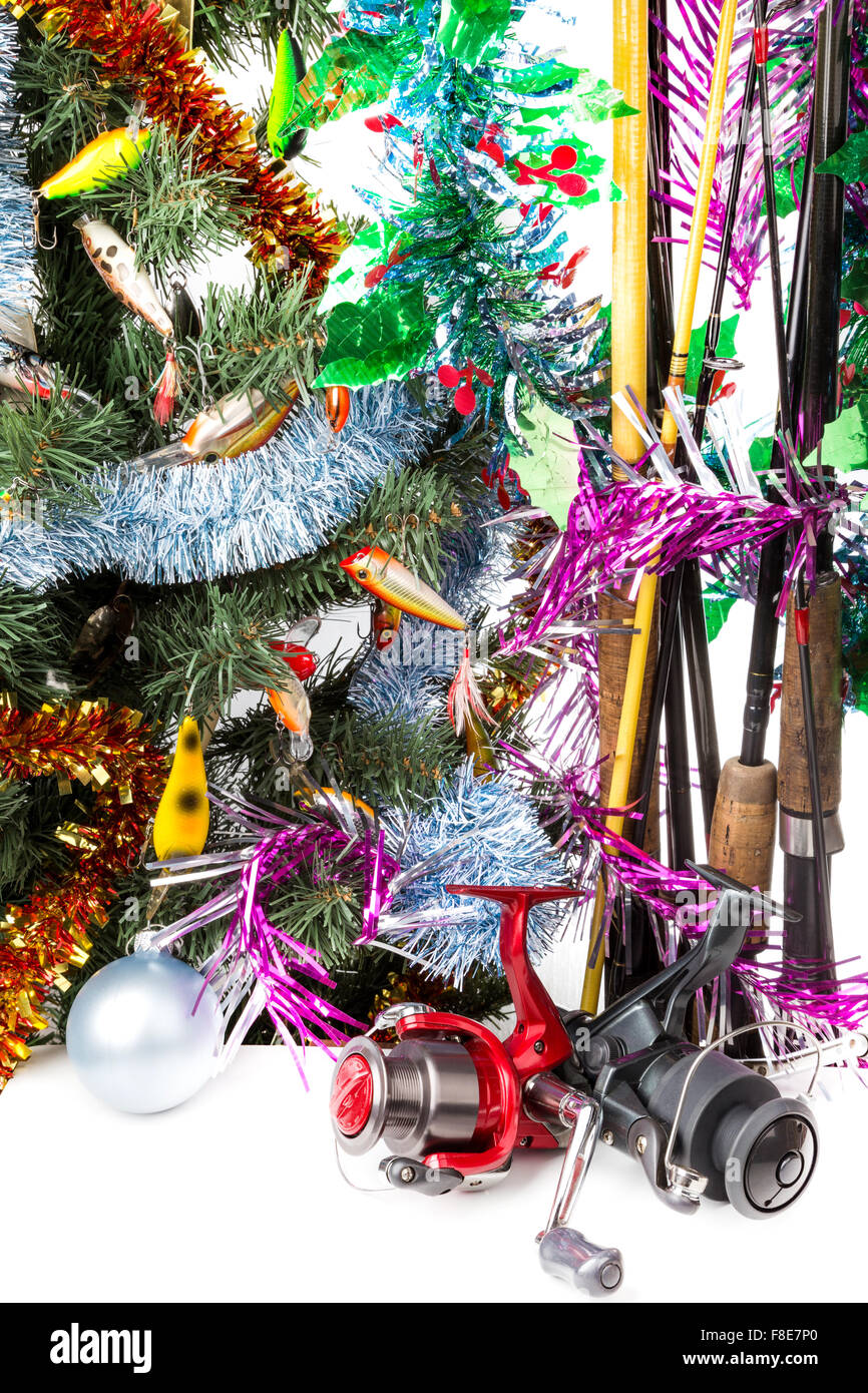 christmas and new year fir tree with fishers tackles Stock Photo Alamy