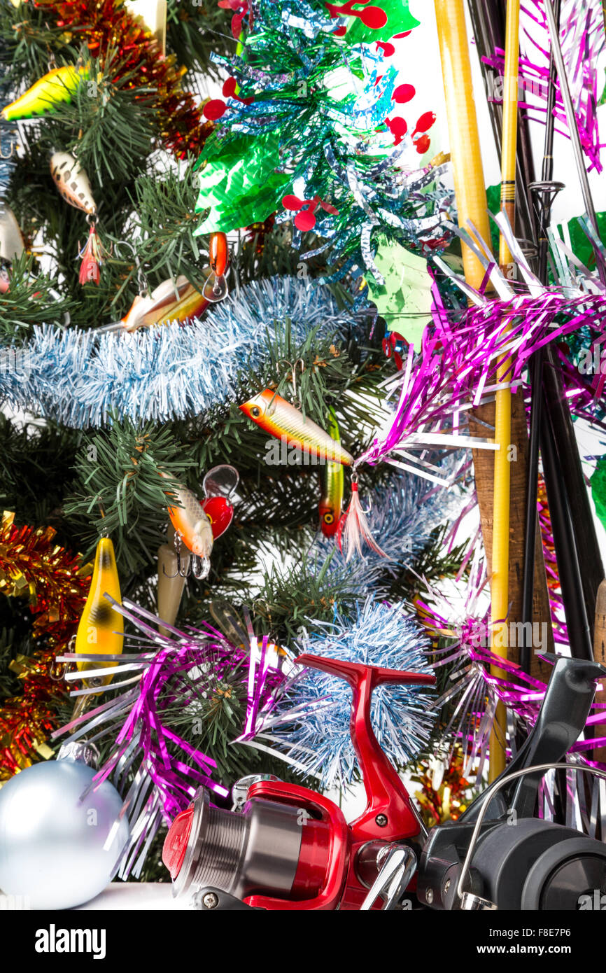 christmas and new year fir tree with fishers tackles Stock Photo Alamy