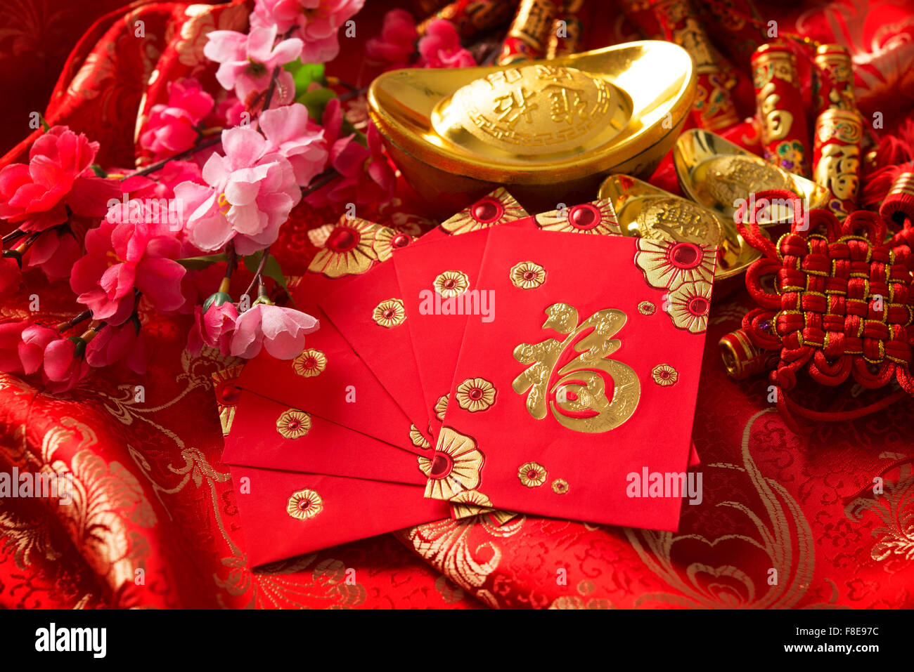 Chinese new year festival decorations, ang pow or red packet and gold