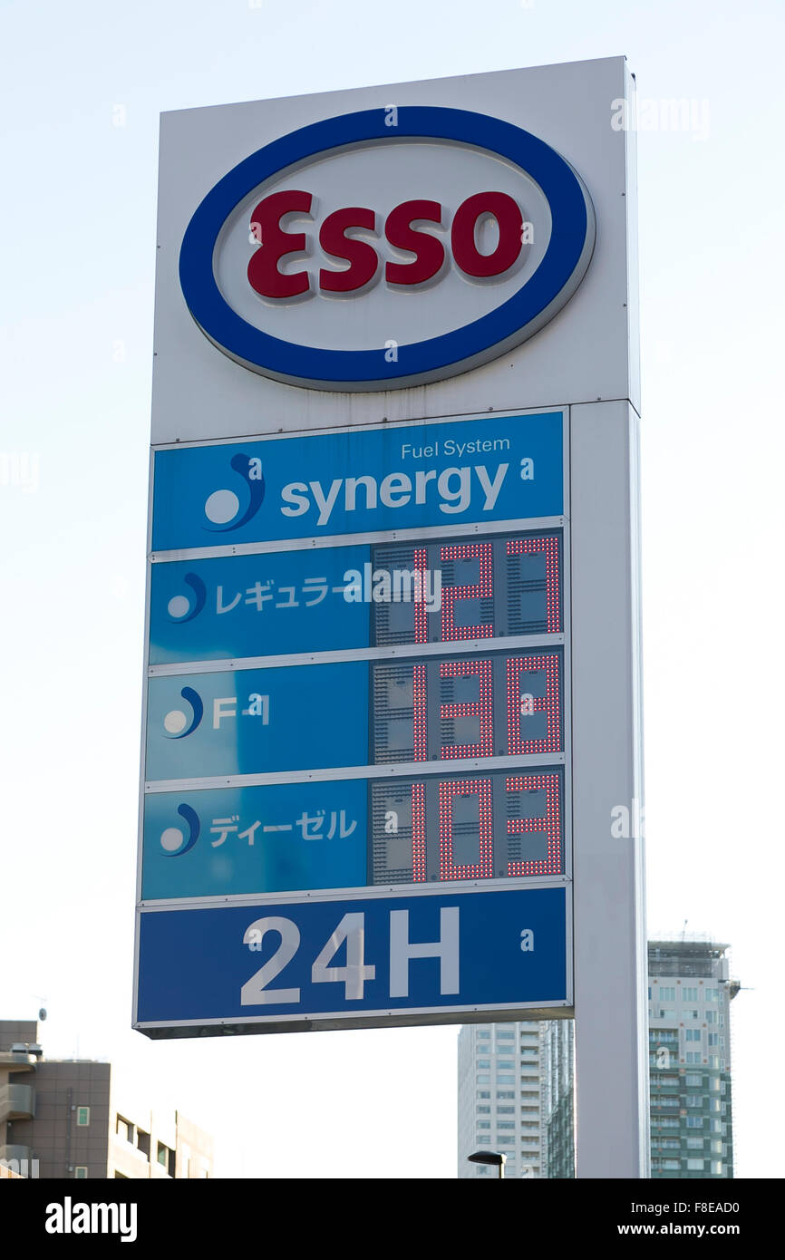 Esso electric board on display at its gas station in Tokyo, Japan on