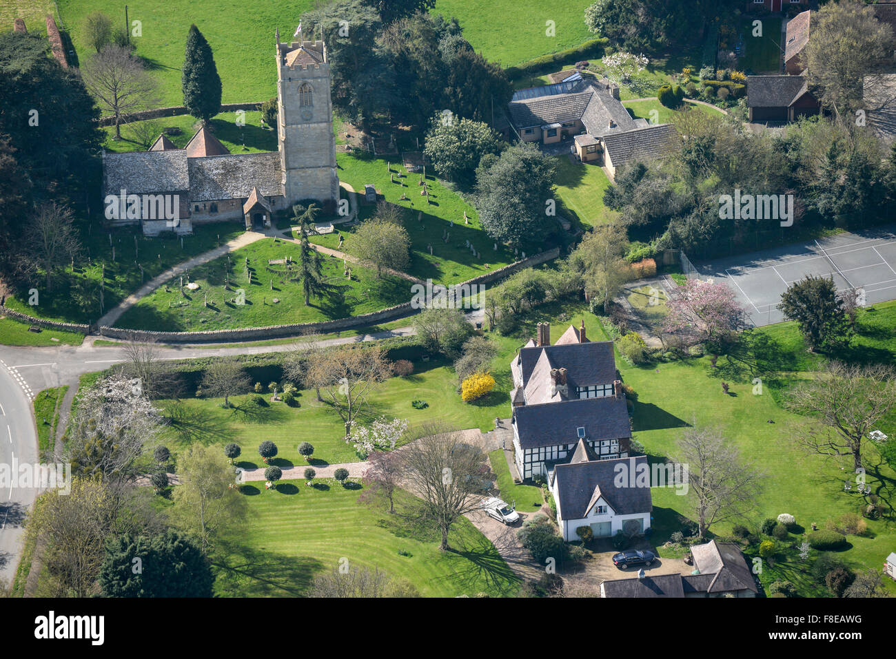 An aerial view of the area around St Peters Church in the Worcestershire village of Little Comberton Stock Photo