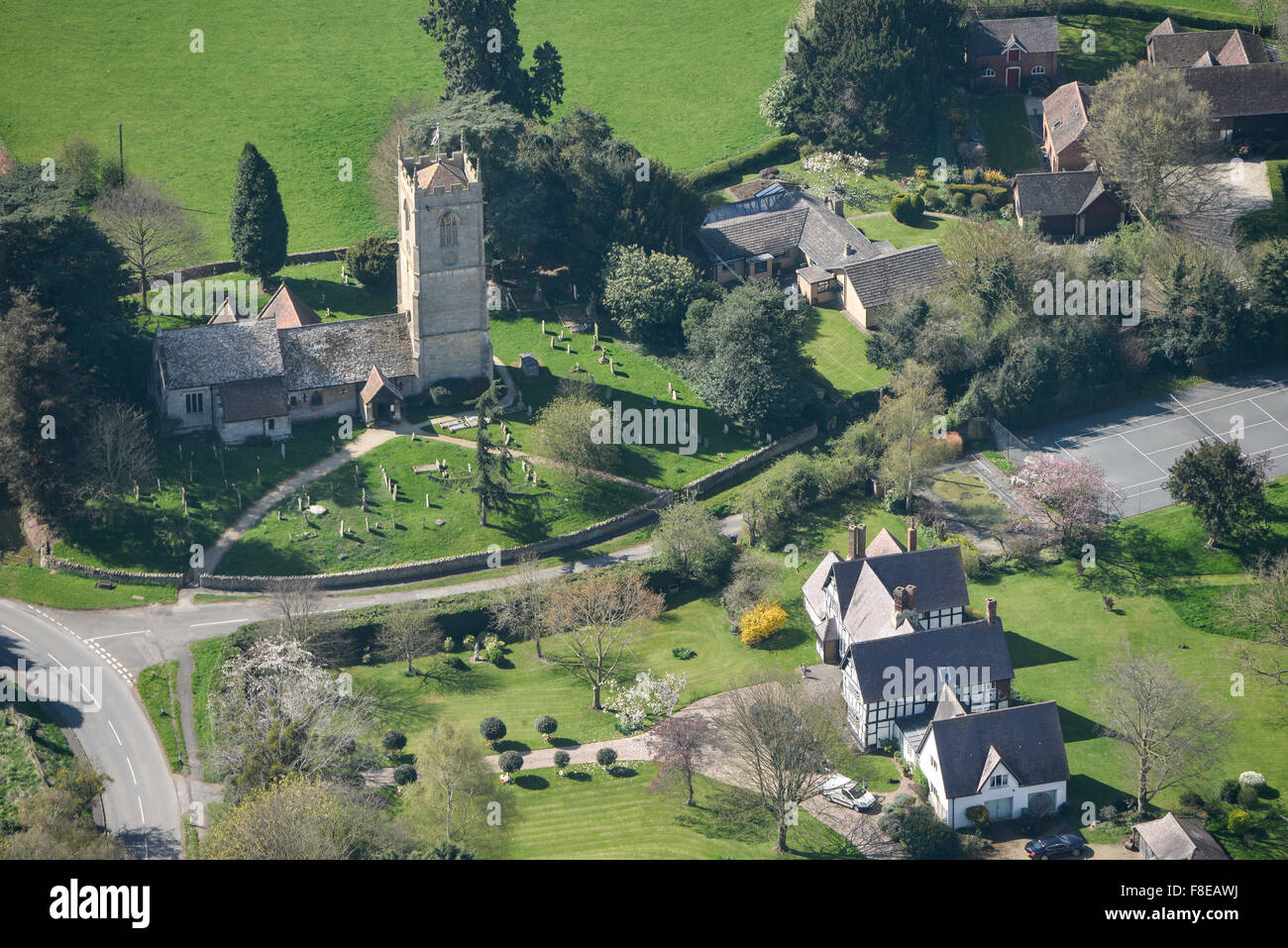 An aerial view of the area around St Peters Church in the Worcestershire village of Little Comberton Stock Photo