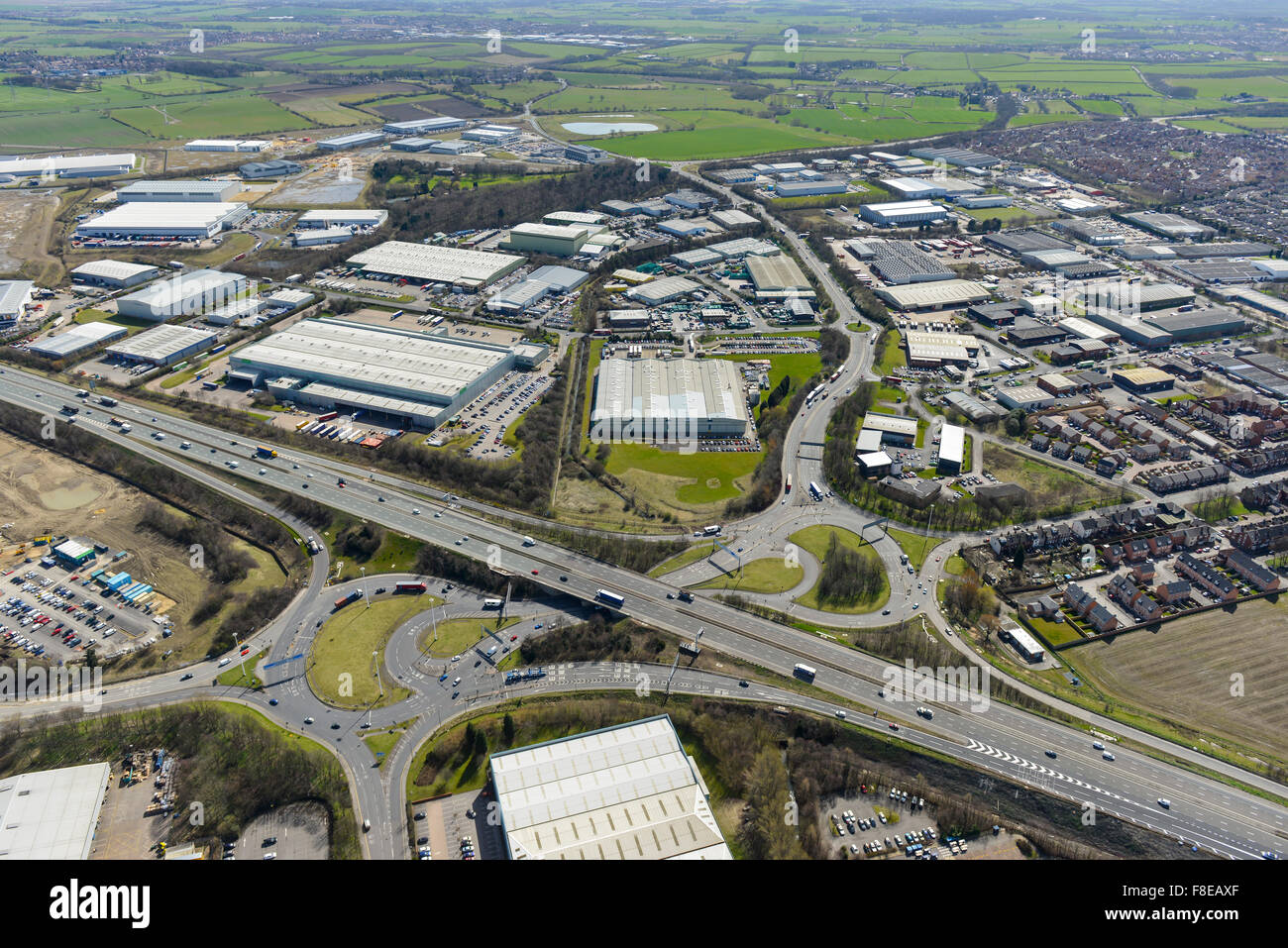 An aerial view of Junction 31 on the M62 at Normanton and Castleford, West Yorkshire Stock Photo