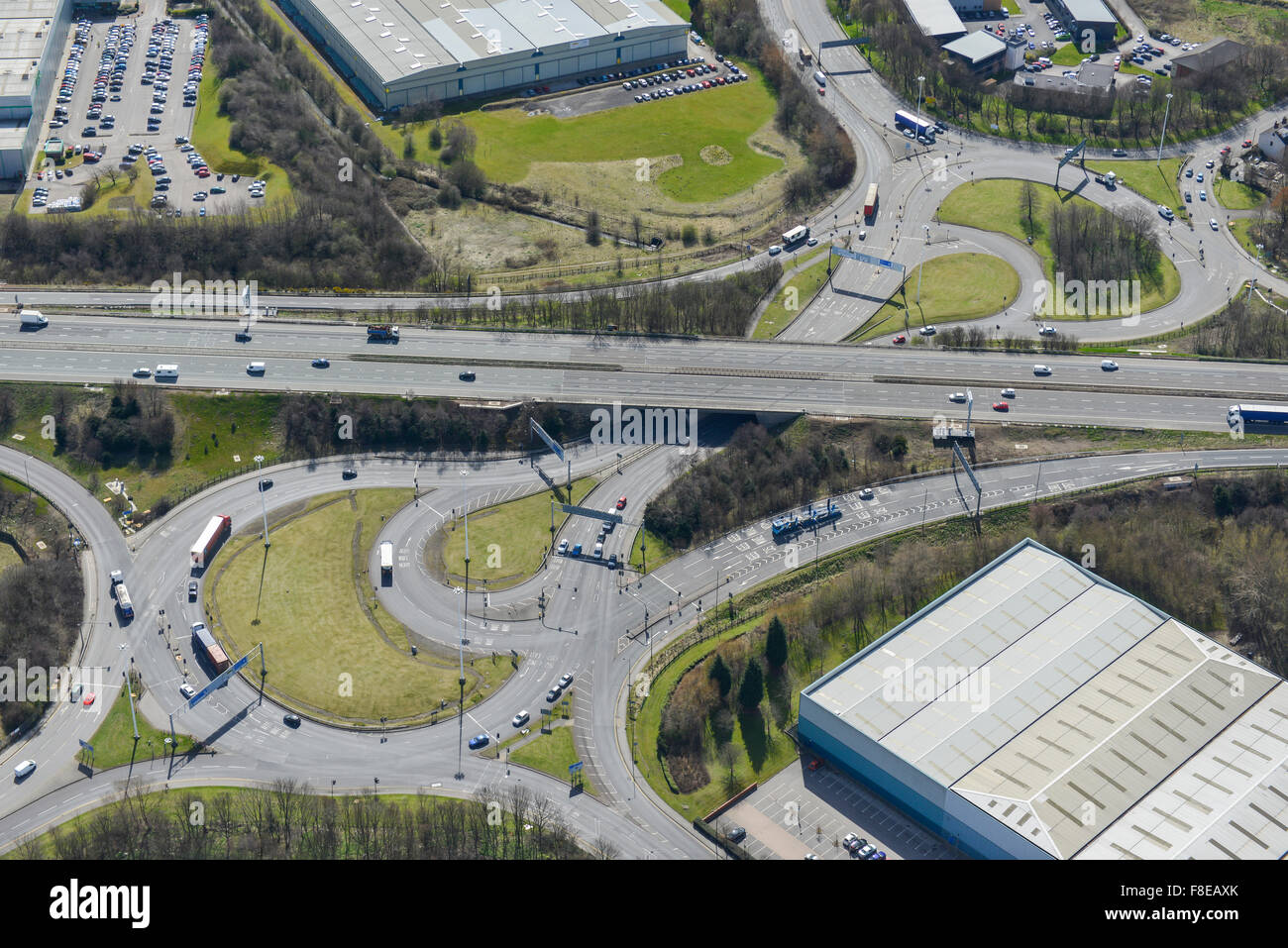 An aerial view of Junction 31 on the M62 at Normanton and Castleford, West Yorkshire Stock Photo