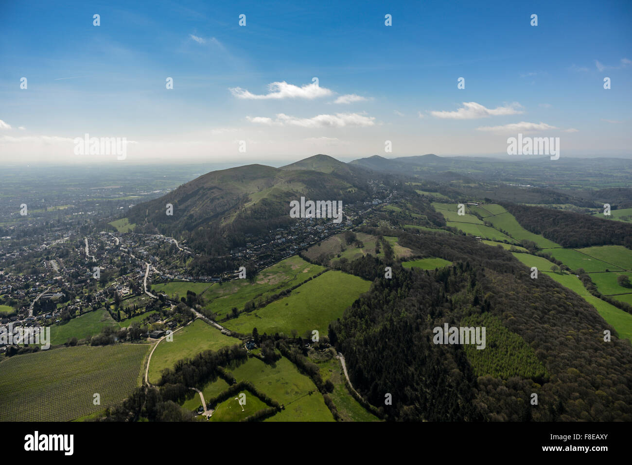 An aerial view of the Malvern Hills on a bright sunny day in Worcestershire, UK Stock Photo
